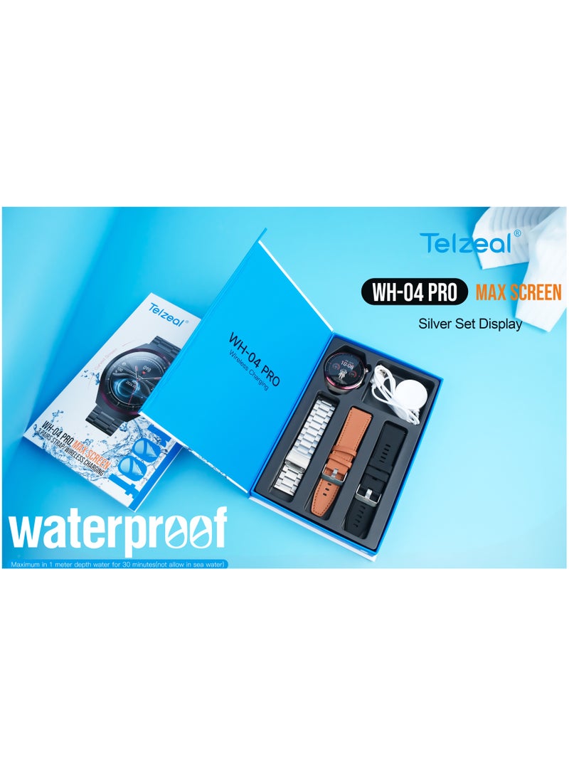 تلزيل ساعة Telzeal WH 04 Pro Max الذكية المقاومة للماء مع شاشة منحنية و3 أزواج من الأشرطة وكابل شحن مصممة للرجال والأولاد باللون الفضي - Image 5