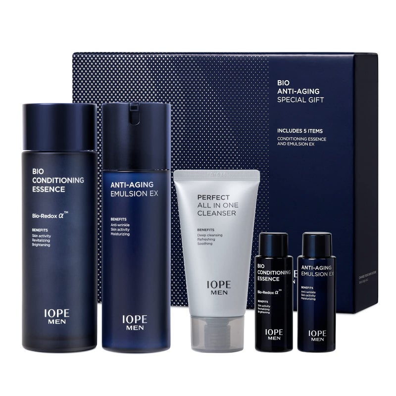 IOPE MEN BIO Antiaging  Moisturizing Set Cleanser Emulsion Conditioning Essence Serum and Soothing Aftershave HOMME Korean Skincare by Amorepacific