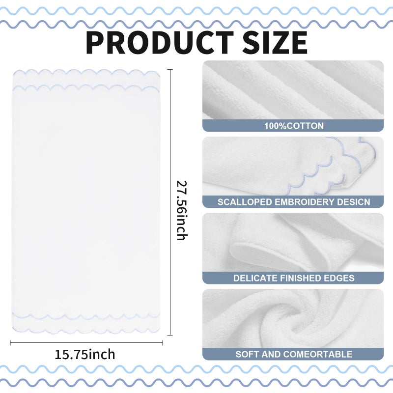 RRBXIA 100% Cotton Hand Towels for Bathroom 2 Pcs Scalloped Hand Towels 16 * 27 Inch Embroidered Decorative 600 GSM Soft Absorbent Bath Towel for Spa Yoga Hotel Sport (Blue) - Image 2