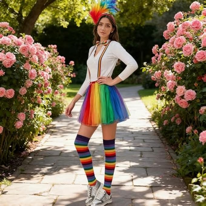 WOMEN'S RAINBOW TULLE SKIRT, RAINBOW COSTUME, CARNIVAL COSTUME SET, TULLE SKIRT FOR WOMEN, TUTU, STRAP, COLOURFUL FEATHER HEADBAND, FOR PARTIES, CARNIVAL, HALLOWEEN COSTUMES - Image 4