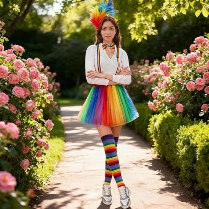 WOMEN'S RAINBOW TULLE SKIRT, RAINBOW COSTUME, CARNIVAL COSTUME SET, TULLE SKIRT FOR WOMEN, TUTU, STRAP, COLOURFUL FEATHER HEADBAND, FOR PARTIES, CARNIVAL, HALLOWEEN COSTUMES - Image 5