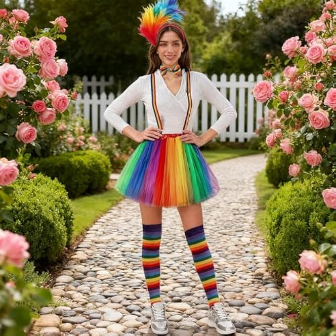 WOMEN'S RAINBOW TULLE SKIRT, RAINBOW COSTUME, CARNIVAL COSTUME SET, TULLE SKIRT FOR WOMEN, TUTU, STRAP, COLOURFUL FEATHER HEADBAND, FOR PARTIES, CARNIVAL, HALLOWEEN COSTUMES - Image 3
