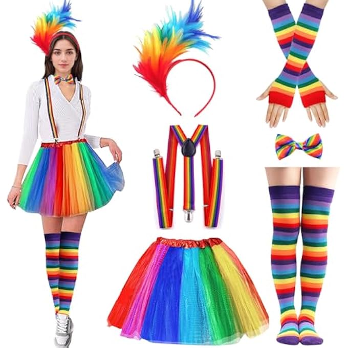 WOMEN'S RAINBOW TULLE SKIRT, RAINBOW COSTUME, CARNIVAL COSTUME SET, TULLE SKIRT FOR WOMEN, TUTU, STRAP, COLOURFUL FEATHER HEADBAND, FOR PARTIES, CARNIVAL, HALLOWEEN COSTUMES - Image 1