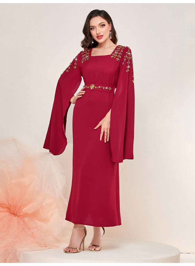 Women Square Neck Abaya Dress Oversized Flare Sleeve Shoulder Rhinestone Tie Waist Maxi Dress - Image 5