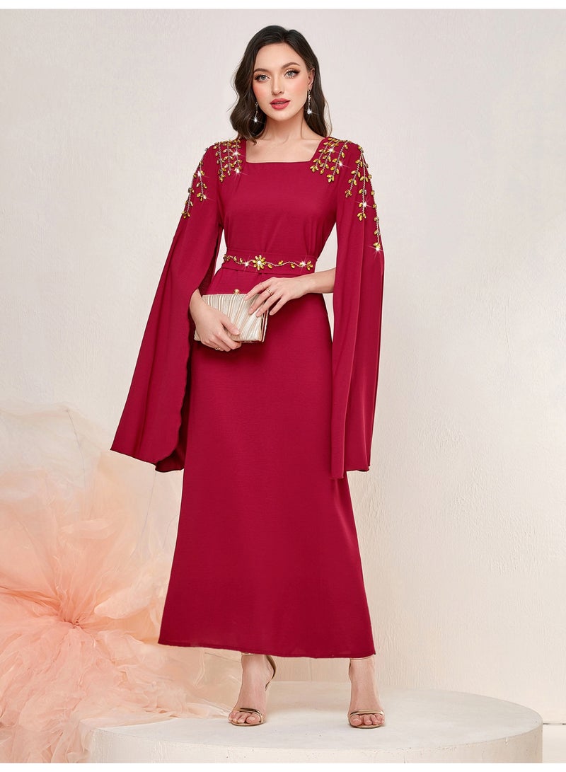 Women Square Neck Abaya Dress Oversized Flare Sleeve Shoulder Rhinestone Tie Waist Maxi Dress - Image 3