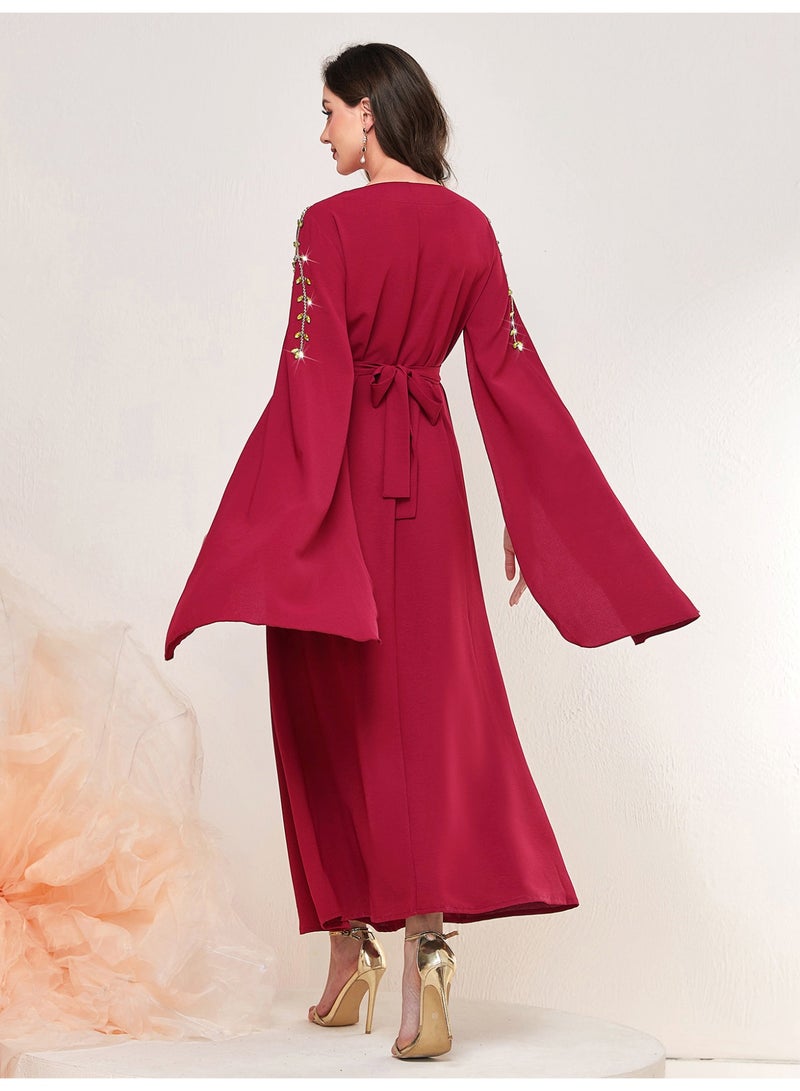 Women Square Neck Abaya Dress Oversized Flare Sleeve Shoulder Rhinestone Tie Waist Maxi Dress - Image 4
