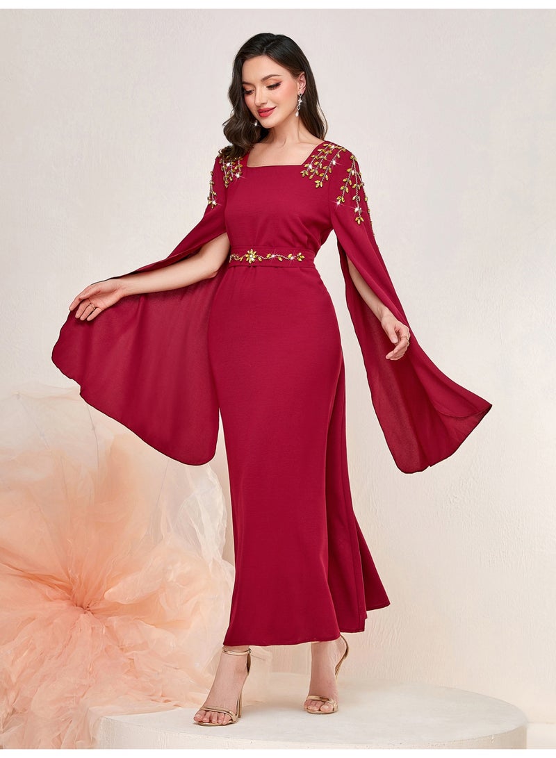 Women Square Neck Abaya Dress Oversized Flare Sleeve Shoulder Rhinestone Tie Waist Maxi Dress - Image 2