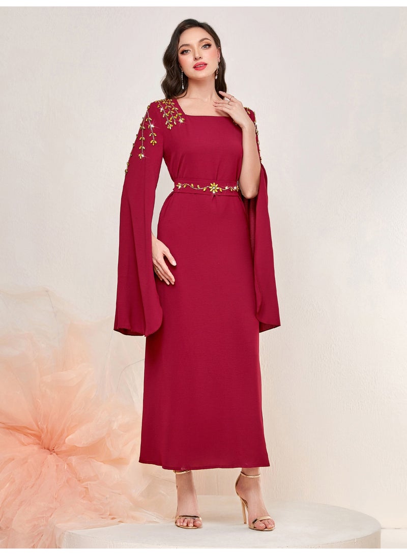Women Square Neck Abaya Dress Oversized Flare Sleeve Shoulder Rhinestone Tie Waist Maxi Dress - Image 1