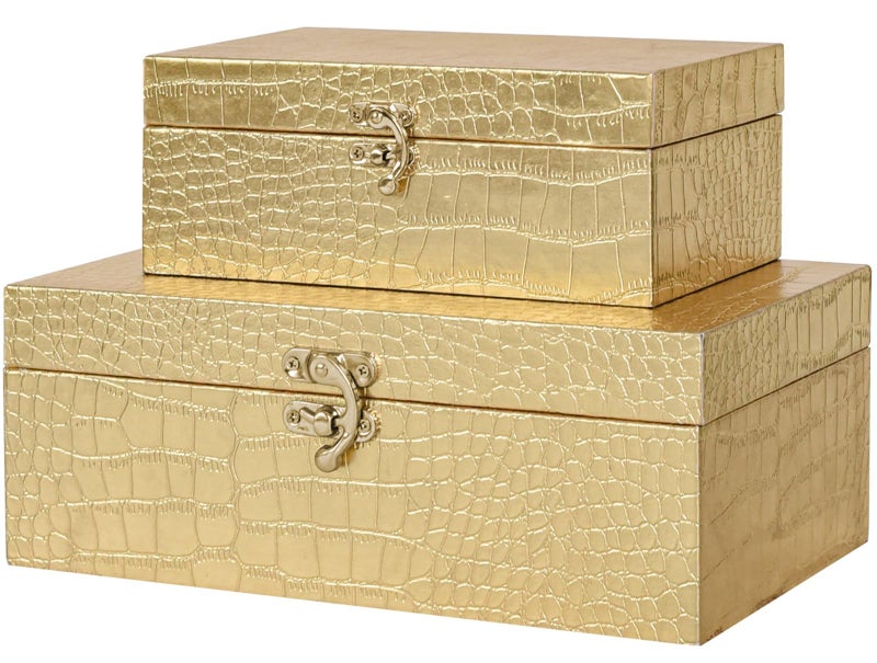 JUMBO HUMBLE JUMBO HUMBLE Set of 2 Wooden Decorative Nesting Storage Boxes Gold Crocodile Leather with Clasp for Home Kitchen Living Room Ideal Gift for Wedding Memories Jewelry Trinket