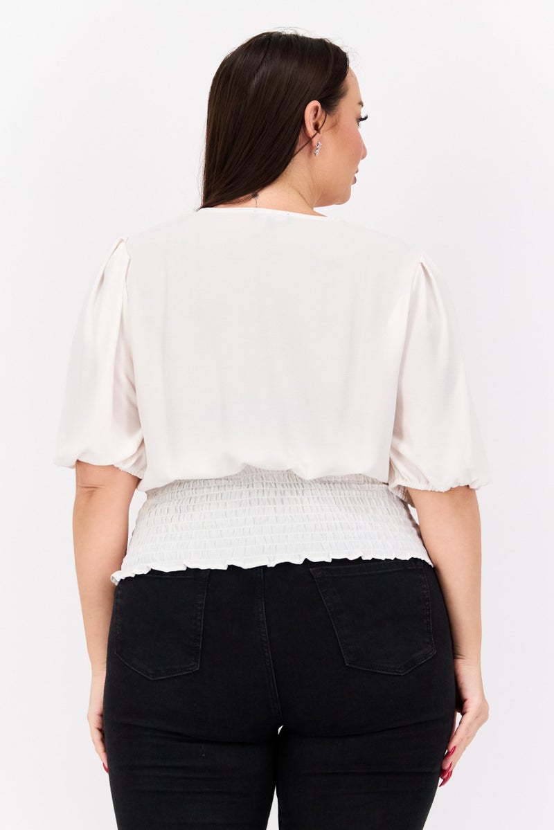 1 State Women Plus Size Surplice Neck Short Sleeve Textured Top, Cream - Image 3