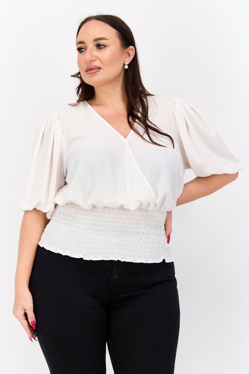 1 State Women Plus Size Surplice Neck Short Sleeve Textured Top, Cream - Image 1