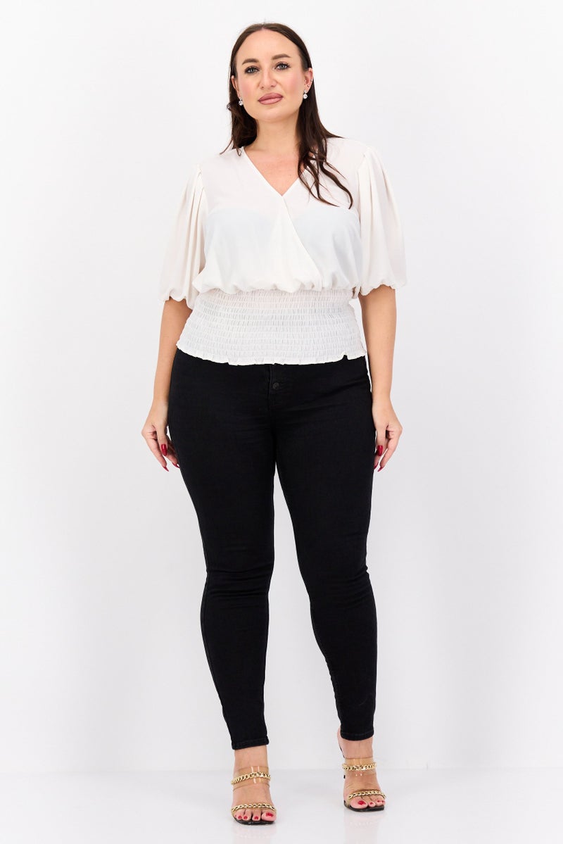 1 State Women Plus Size Surplice Neck Short Sleeve Textured Top, Cream - Image 4