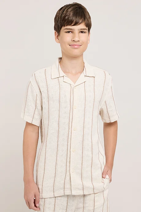 أر أند بي Striped Shirt with Revere Collar and Short Sleeves