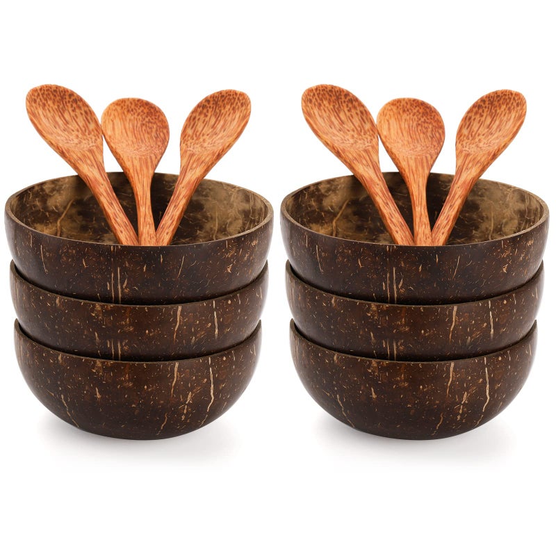 ZENFUN 6 Pack Coconut Bowls with 6 Wooden Spoon Wood Bowl 15 Oz Polished Coconut Bowls Natural Coconut Shell Bowls Set for Vegan Organic Salad Smoothie or Buddha Bowls Kitchen Storage