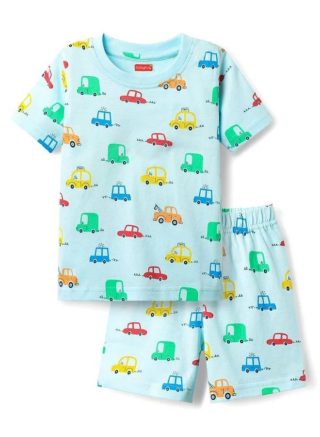 Babyhug Babyhug Cotton Knit Half Sleeves T-Shirt and Shorts Set With Vehicle Print - Light Blue