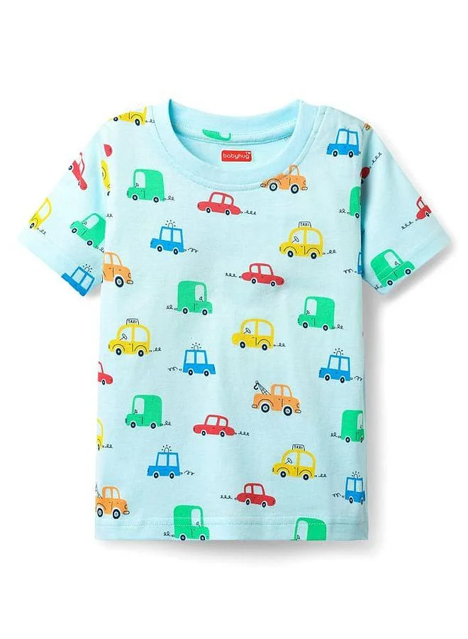 Babyhug Babyhug Cotton Knit Half Sleeves T-Shirt and Shorts Set With Vehicle Print - Light Blue