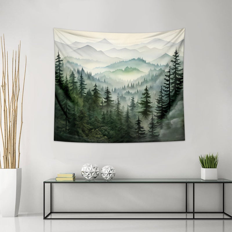 QGHOT Forest Tapestry Nature Mountain Tapestry Wall Hanging Sage Green Watercolor Landscape Wall Art for Bedroom Living Room Decor 591x512
