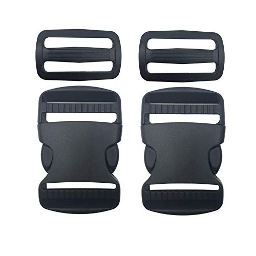 EesTeck 2 Set 1.5 Inch Flat Dual Adjustable Plastic Quick Side Release Plastic Buckles and Tri-Glide Slides for Luggage Straps Pet Collar Backpack Repairing (Black, Fit for 1.5”/38mm Webbing Straps) - Image 1