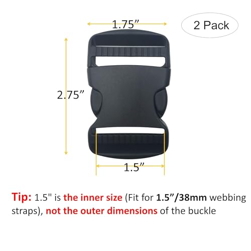 EesTeck 2 Set 1.5 Inch Flat Dual Adjustable Plastic Quick Side Release Plastic Buckles and Tri-Glide Slides for Luggage Straps Pet Collar Backpack Repairing (Black, Fit for 1.5”/38mm Webbing Straps) - Image 2