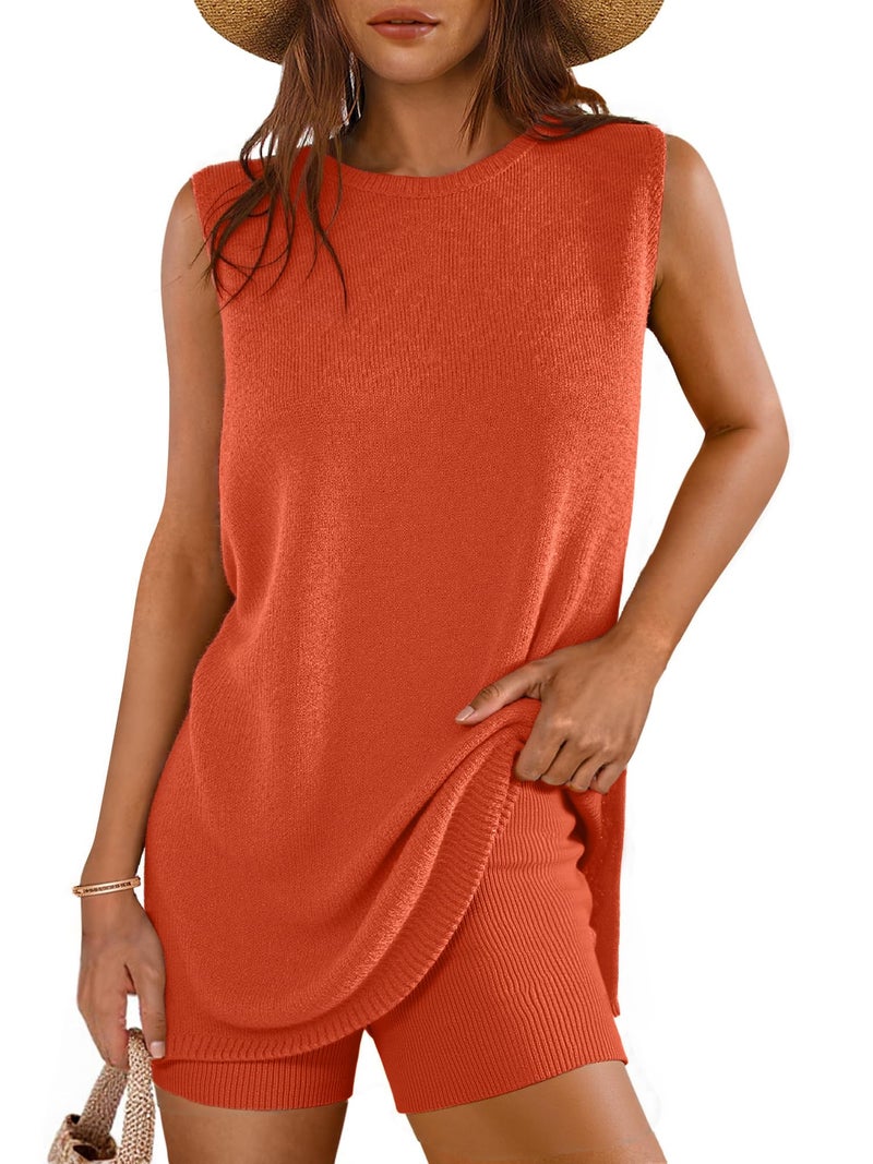 Glamaker Women's 2 Piece Short Sets Summer Outfits Casual Sleeveles Sweater Short Matching Sets Vacation Outfits (Rust Red M) - Image 1