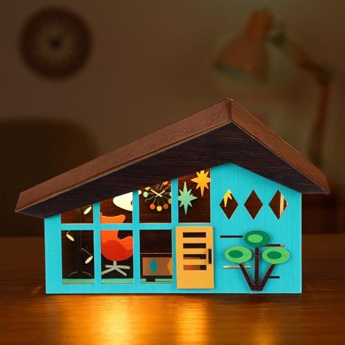 Tujoe Mid-century Modern Tabletop Decor Mid Century Modern Decor Lighted Table Centerpiece Retro Glowing Green House Diorama Holiday Farmhouse Wooden Decoration for Home Bedroom Office Country Table - Image 1