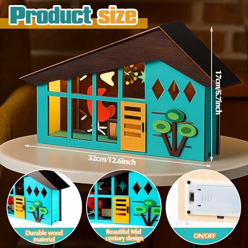 Tujoe Mid-century Modern Tabletop Decor Mid Century Modern Decor Lighted Table Centerpiece Retro Glowing Green House Diorama Holiday Farmhouse Wooden Decoration for Home Bedroom Office Country Table - Image 3