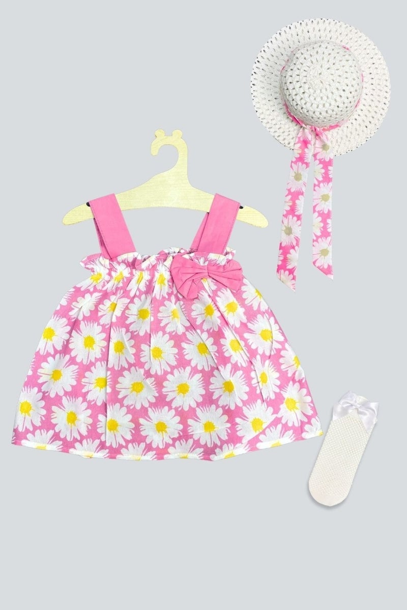 Adabebek Hat Pink Flower Dress Fishnet Socks Set