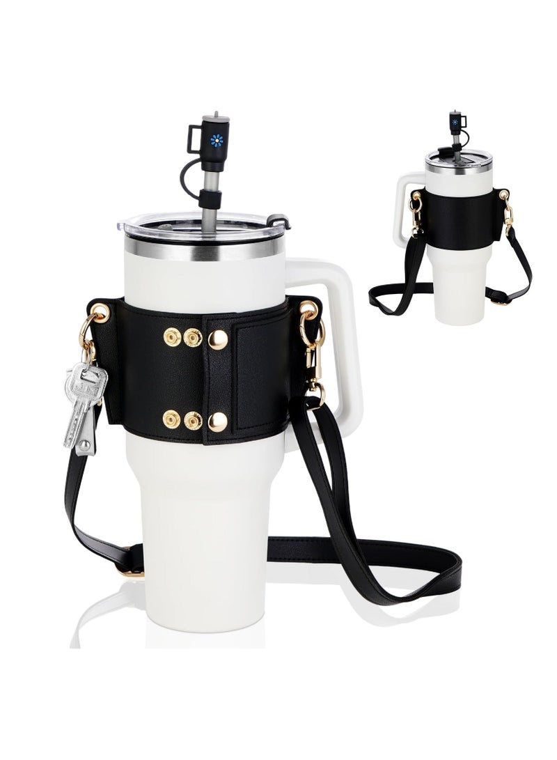 KASTWAVE Water Bottle Holder for Stanley Tumbler, Leather Carrier Strap Compatible with Stanley 40 oz 30 oz Cup with Handle, Adjustable Strap, Credit Card Holder, Keyring, Straw Cover, Black - Image 1