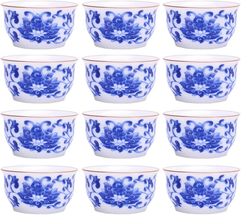 Woonsoon Chinese Handmade Kungfu Tea Cup 60 mlBone China Blue and White Tea Cups Set of 12Ceramic Tea Mugs Without HandlesBest GiftLotus - Image 1