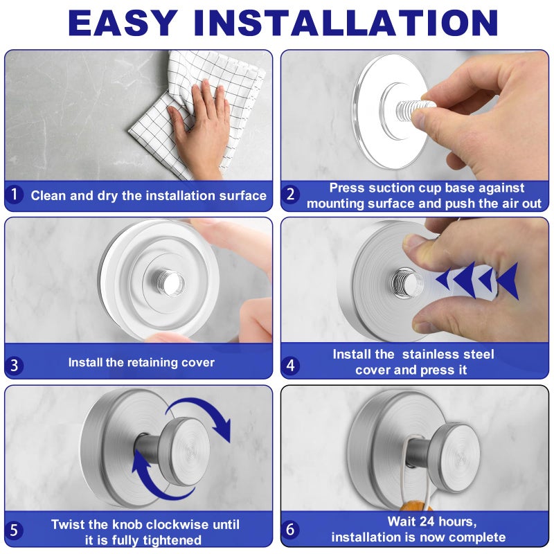 Bntuk Suction Cup Hooks for Shower, Removable Towel Hooks for Bathroom Window Glass Door Wall, Bath Robe Looafh Hook for Hanging - 2 Pack, Silver - Image 5