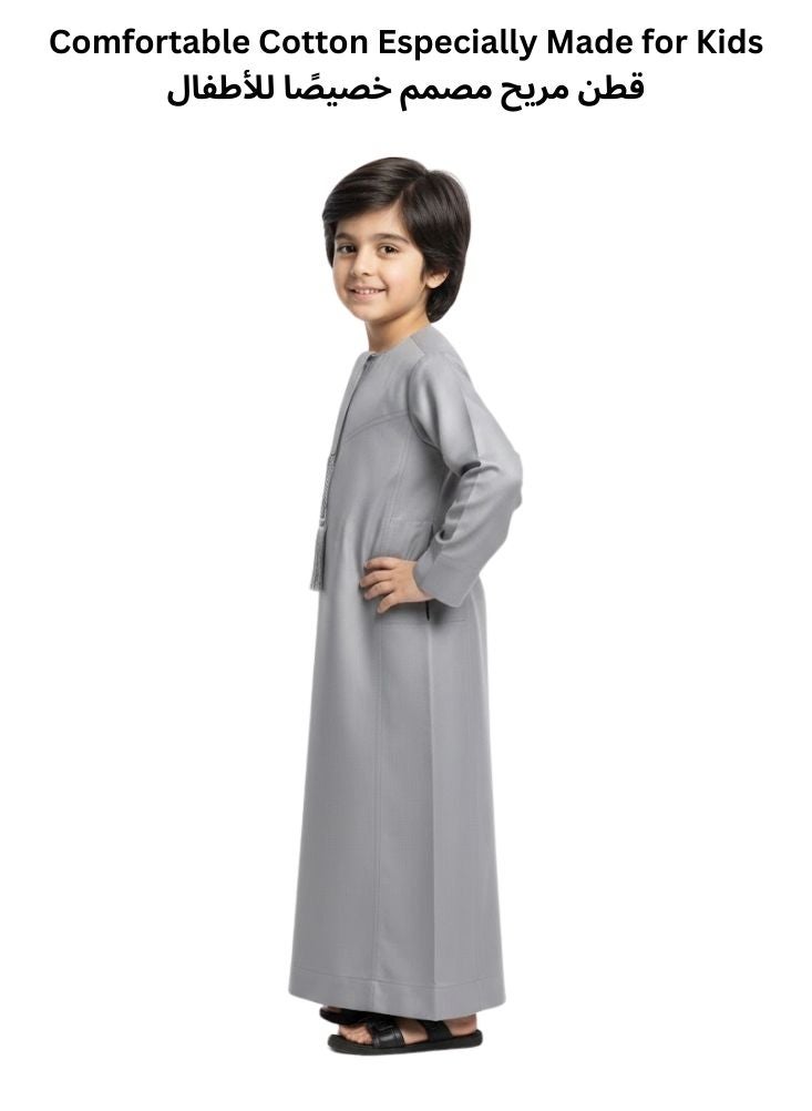 بريميم ثوب تقليدي رمادي فاتح للأولاد - جبّة كندورة إسلامية أنيقة طويلة للأطفال لعيد الفطر ورمضان - Image 2