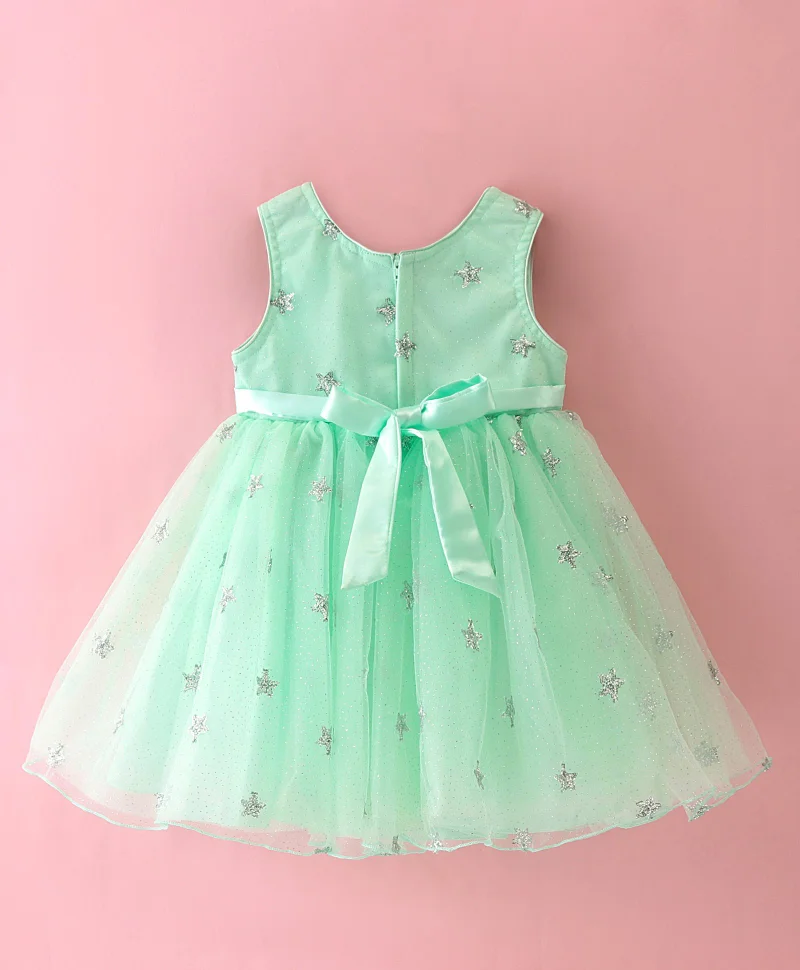 babyhug Babyhug Sleeveless Party Frock with Sequinned Star Embroidery - Mint Blue