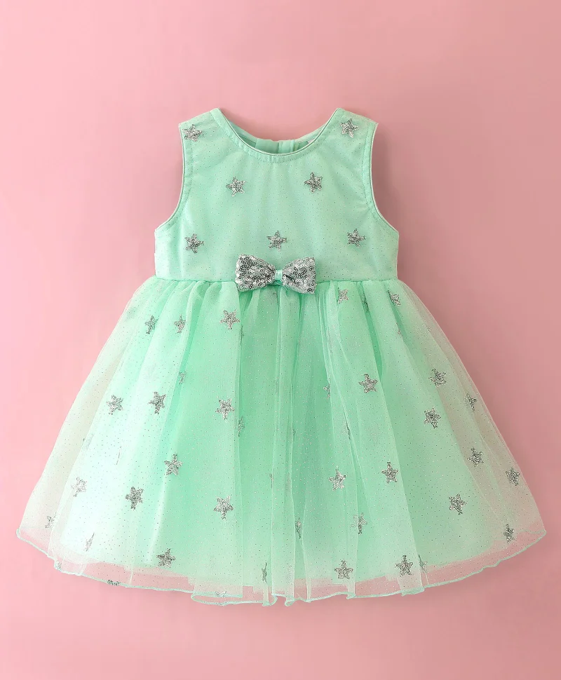 babyhug Babyhug Sleeveless Party Frock with Sequinned Star Embroidery - Mint Blue