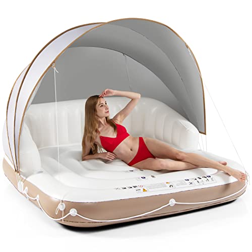 Giantex Canopy Island Pool Float wSPF50 Retractable Detachable Sunshade Adult w2 Cup Holders High Backrest Armrest 71 x Island Inflatable Lounge Load 440LBS - Image 1