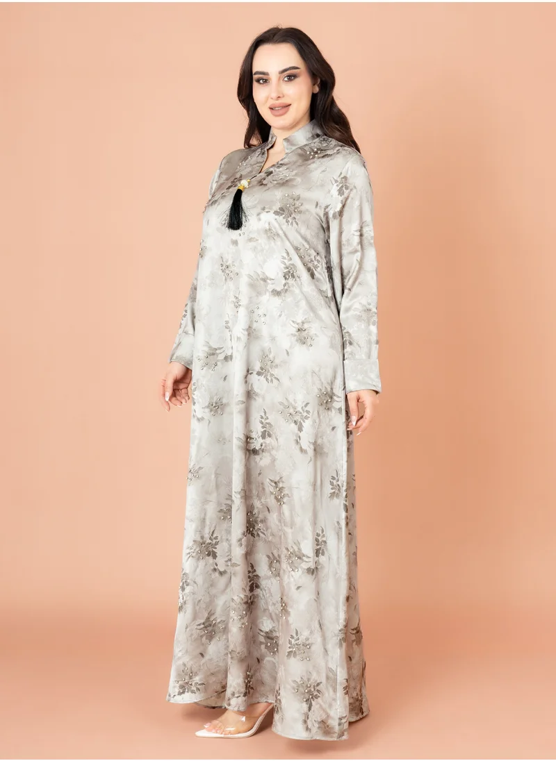 IKKXA Crystal Leaves Pattern Jalabiya IK2017 Grey
