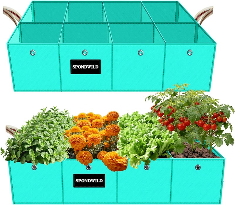 SPONDWILD 2 Pcs 60 Gallon PE Rectangle Plant Grow Bags, 4x2x1ft Large Garden Grow Bag Outdoor 8 Grids Planter Box Planting Container for Growing Tomatoes Potatoes Plants Flowers, Green - Image 1