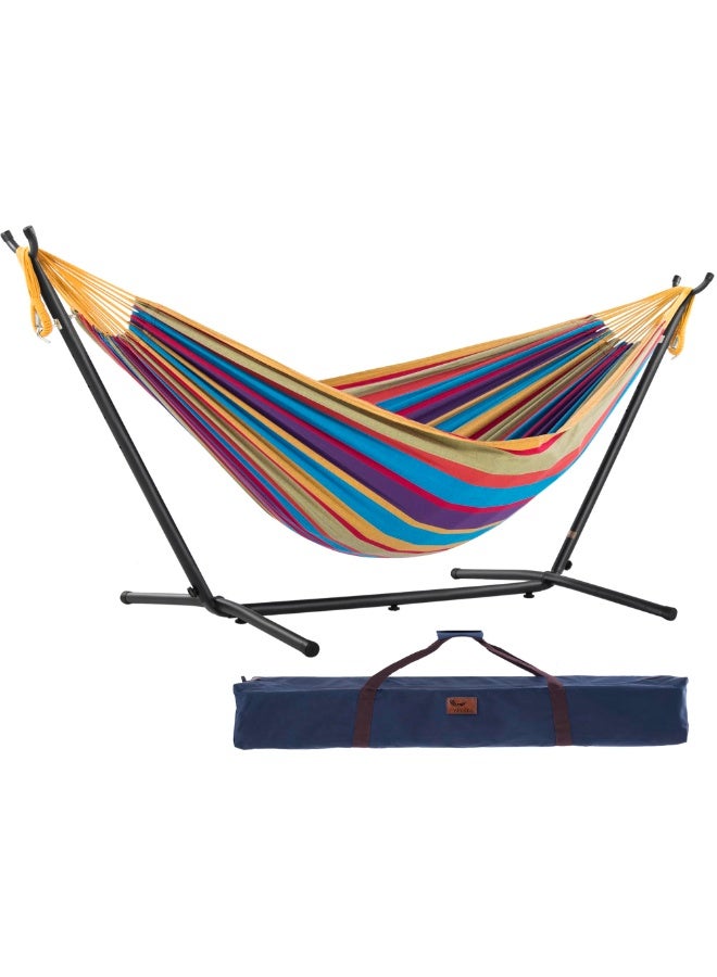 الحلم أرجوحة قطنية مزدوجة مع حامل فولاذي موفر للمساحة، وأربطة طرفية من البوليستر المطور، وسعة 450 رطلاً - تشمل حقيبة حمل فاخرة - (بطيخ) - Image 1