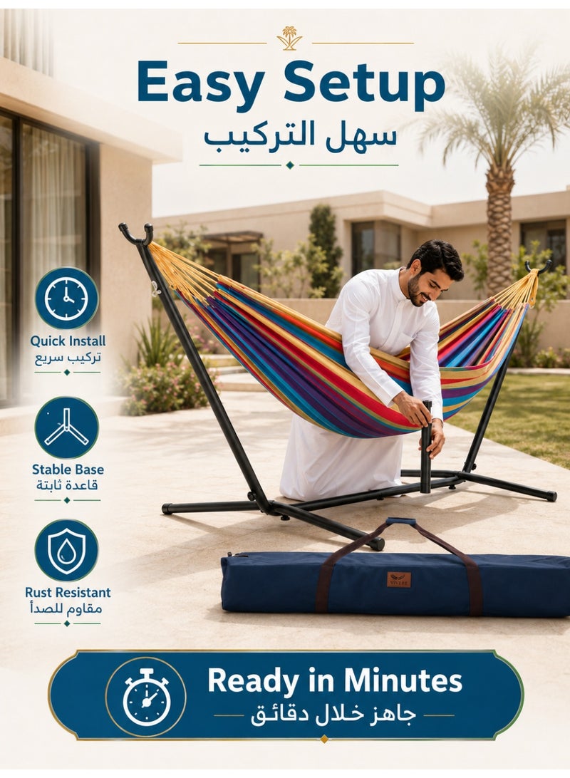 الحلم أرجوحة قطنية مزدوجة مع حامل فولاذي موفر للمساحة، وأربطة طرفية من البوليستر المطور، وسعة 450 رطلاً - تشمل حقيبة حمل فاخرة - (بطيخ) - Image 3