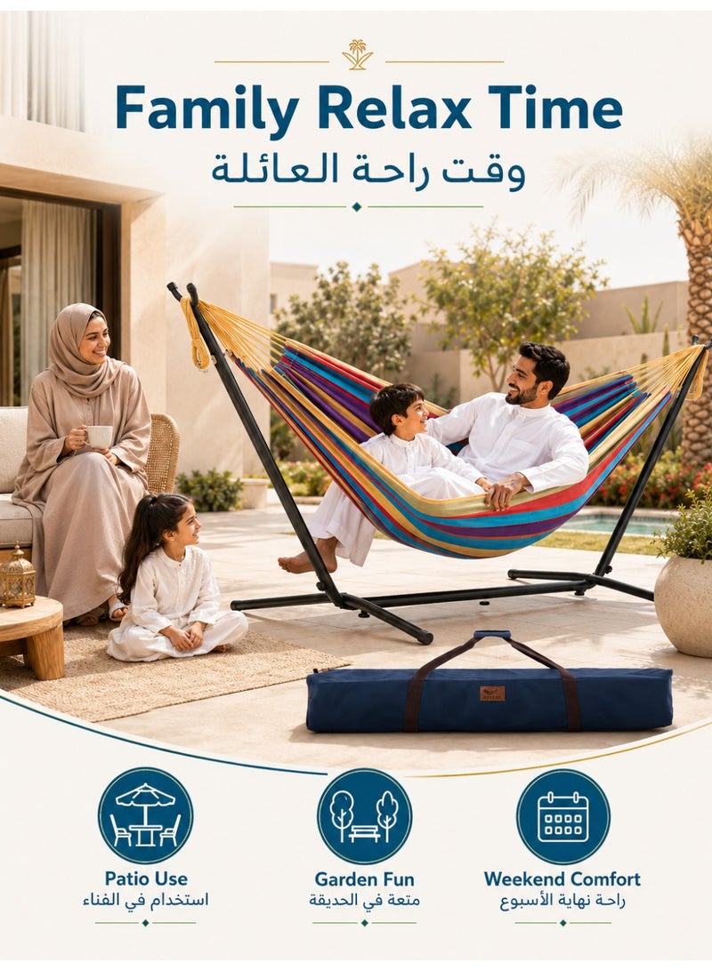 الحلم أرجوحة قطنية مزدوجة مع حامل فولاذي موفر للمساحة، وأربطة طرفية من البوليستر المطور، وسعة 450 رطلاً - تشمل حقيبة حمل فاخرة - (بطيخ) - Image 4