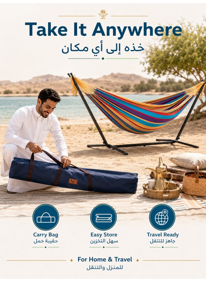 الحلم أرجوحة قطنية مزدوجة مع حامل فولاذي موفر للمساحة، وأربطة طرفية من البوليستر المطور، وسعة 450 رطلاً - تشمل حقيبة حمل فاخرة - (بطيخ) - Image 5