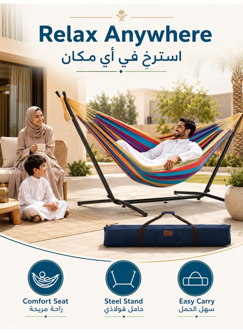 الحلم أرجوحة قطنية مزدوجة مع حامل فولاذي موفر للمساحة، وأربطة طرفية من البوليستر المطور، وسعة 450 رطلاً - تشمل حقيبة حمل فاخرة - (بطيخ) - Image 1