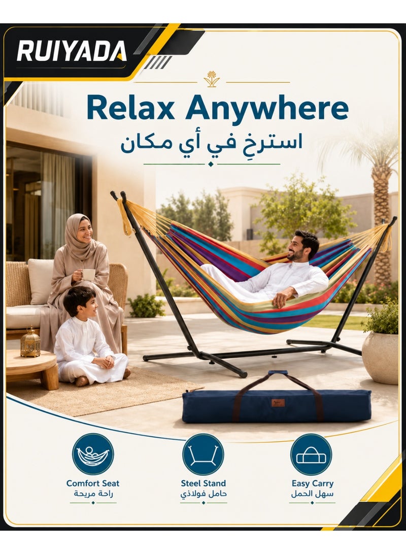 RUIYADA Double Cotton Hammock with Space Saving Steel Stand, Upgraded Polyester End Strings 450 lb Capacity - Premium Carry Bag Included - (Watermelon) - Image 1