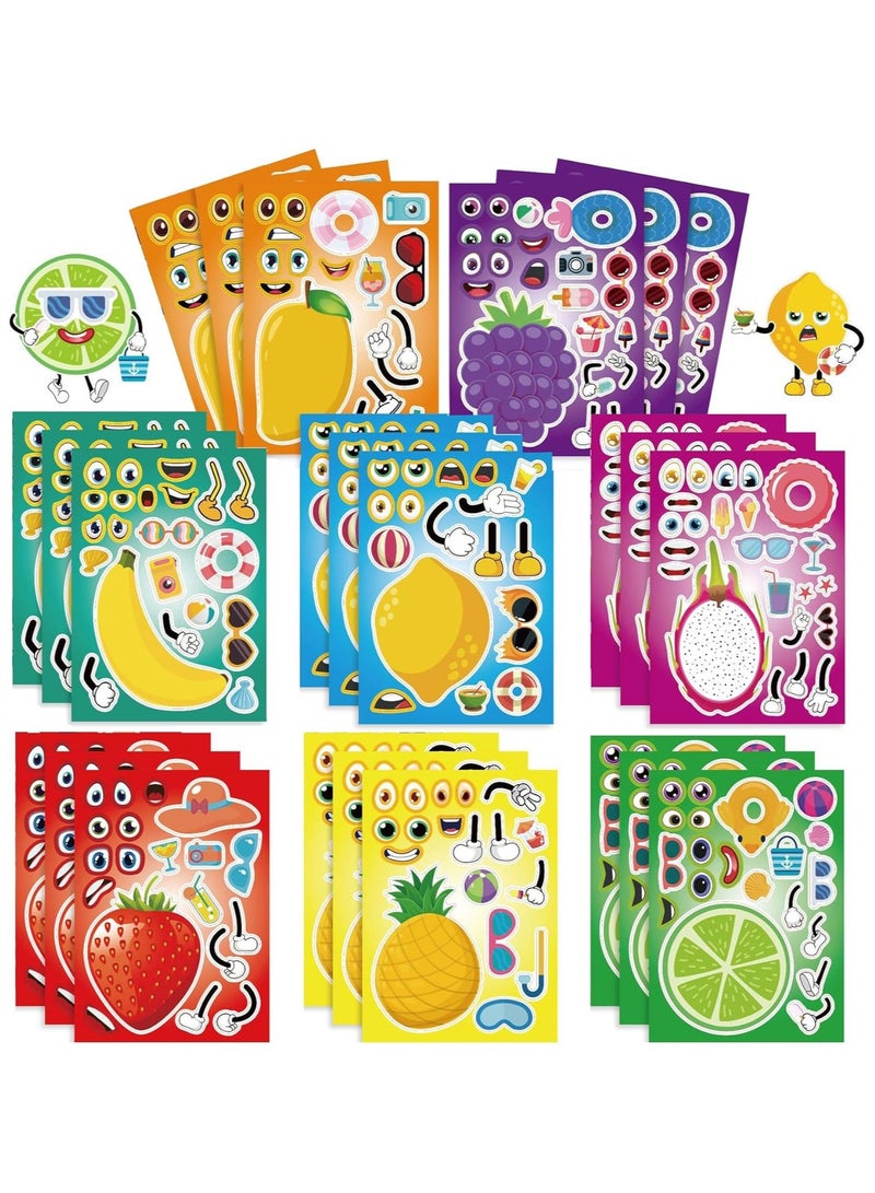 24 Sheets Make Your Own Fruit Stickers Make A Face Stickers for Kids with Cartoon Fruit Summer Hawaii Theme Characters Kids Party Supplies - Image 1