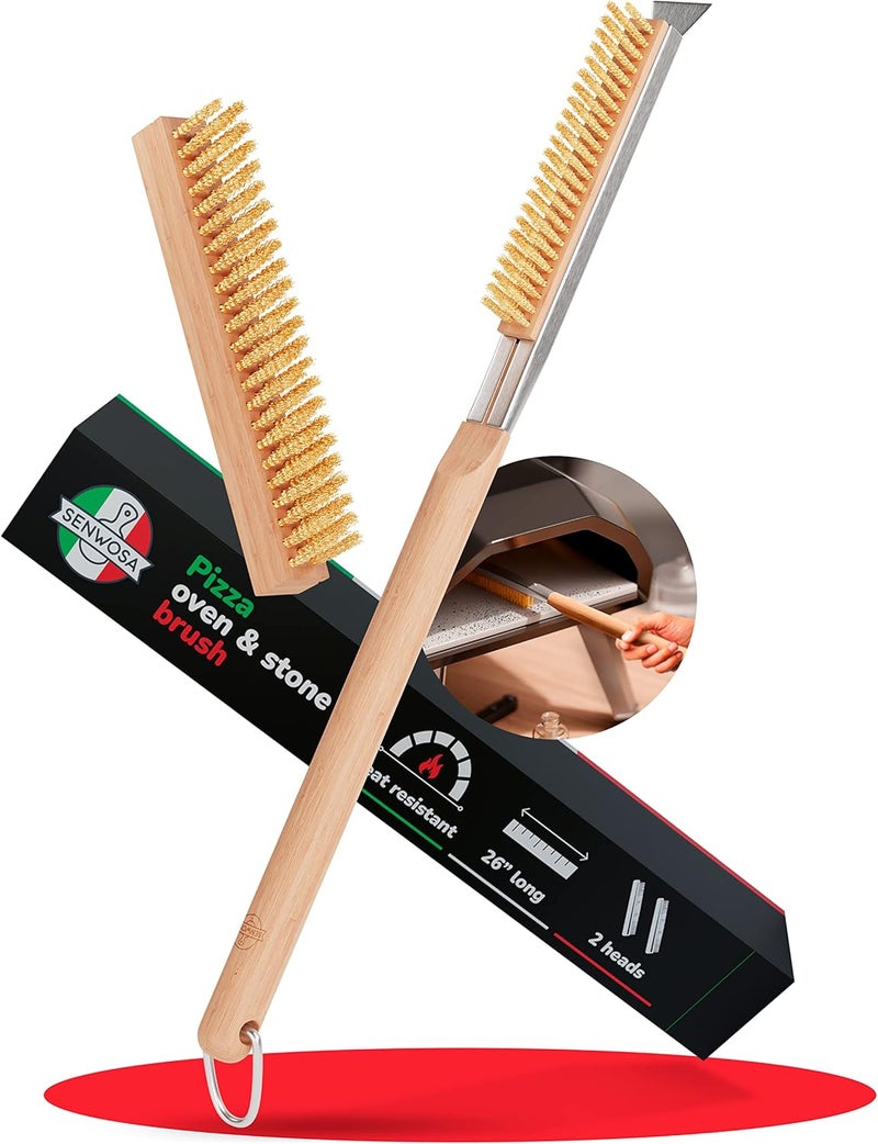 Senwosa Pizza Oven Brush 66 cm with Scraper & Replacement Head - Cleaning Brush with Stainless Steel Bristles for Pizza Oven & Pizza Stone Long Handle Compatible with Ooni, Ninja & Cozze - Image 1