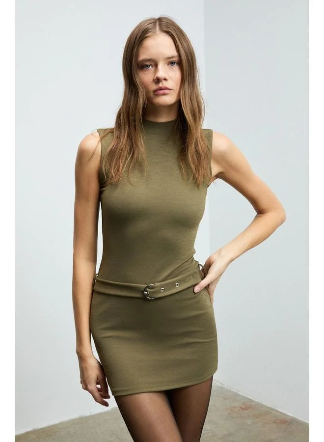GRIMELANGE ELIARA Women's Half-Fisherman Collar Sleeveless Mini Khaki Dress with Adjustable Waist Belt and Buttons.