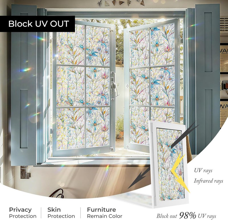 ADD.HERES Window Privacy Film,Colorful Floral Window Stickers,Removable DIY Bouquet Static Clings, Decals for Home School Office Party Supplies,‌ Blue Lotus，17.5 x 78.7 in - Image 4
