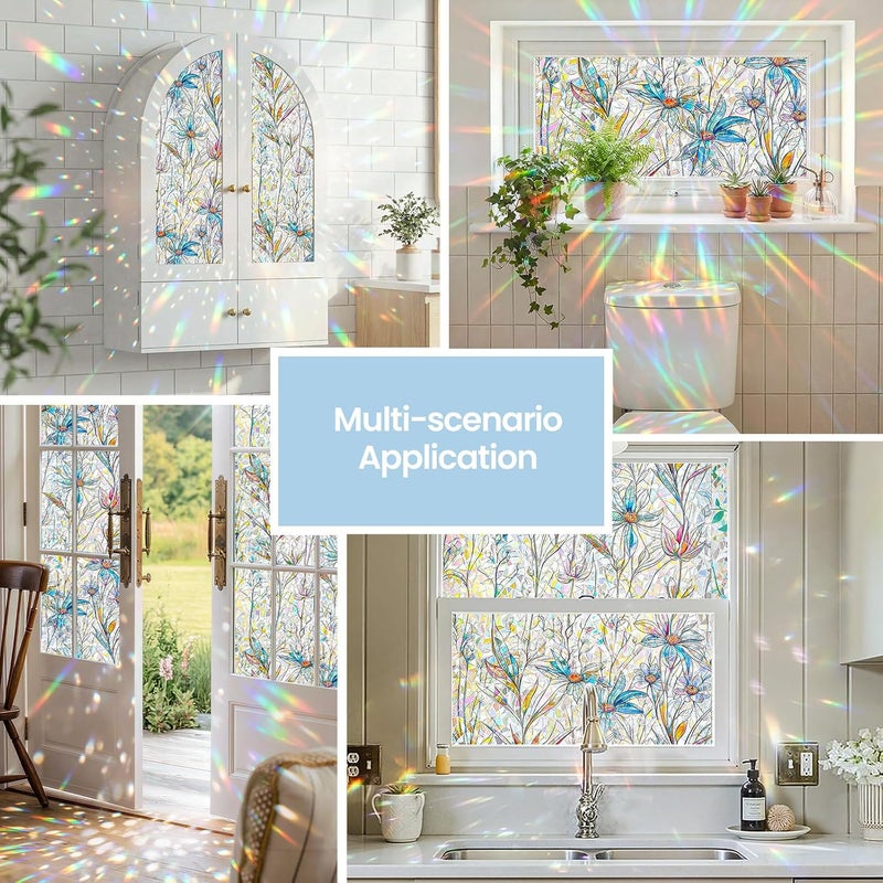 ADD.HERES Window Privacy Film,Colorful Floral Window Stickers,Removable DIY Bouquet Static Clings, Decals for Home School Office Party Supplies,‌ Blue Lotus，17.5 x 78.7 in - Image 2