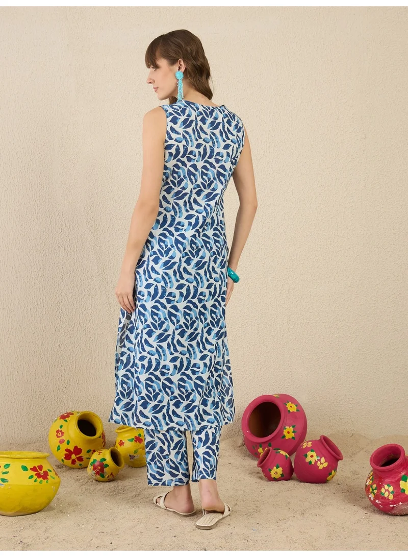 Ameya  Blue-printed-straight-kurta-trouser-set for Women | Best Price UAE