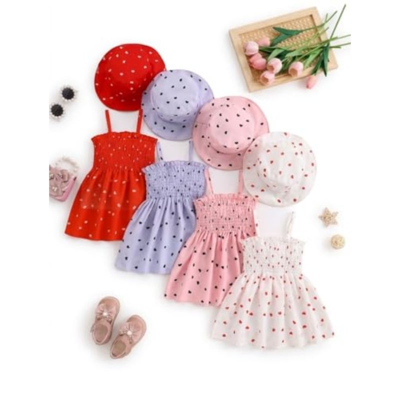 Girls' Heart Print Sundress with Bucket Hat Set, Smocked Spaghetti Strap Dress, Holiday and Daily Wear, 4-Piece - Image 1