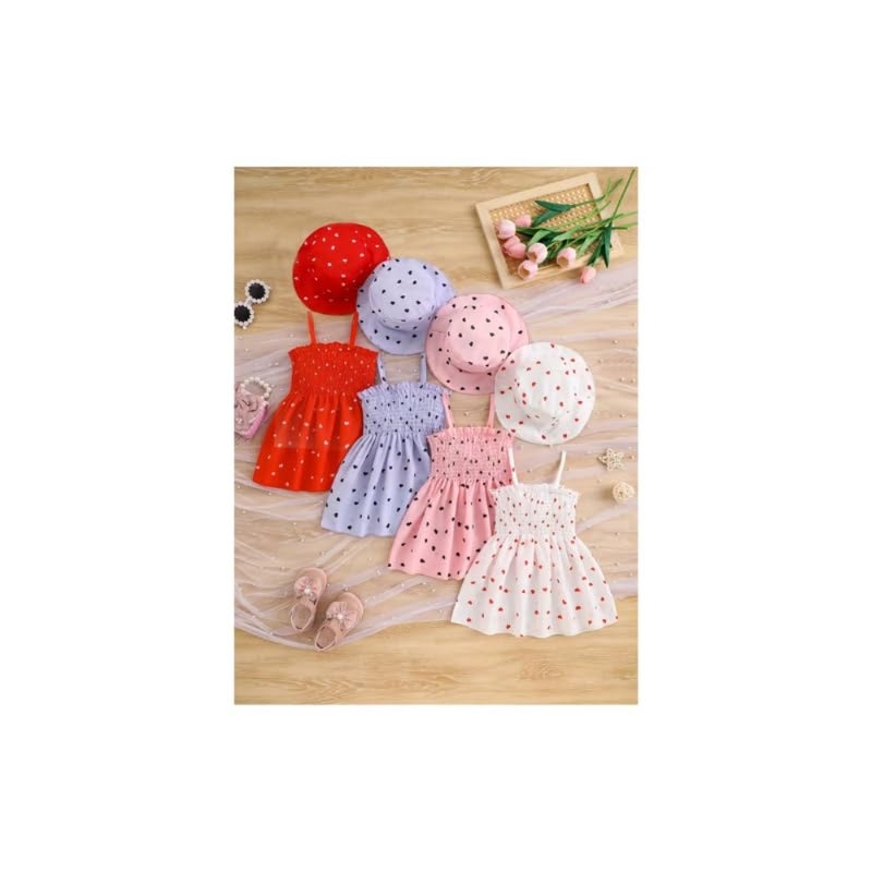 Girls' Heart Print Sundress with Bucket Hat Set, Smocked Spaghetti Strap Dress, Holiday and Daily Wear, 4-Piece - Image 2